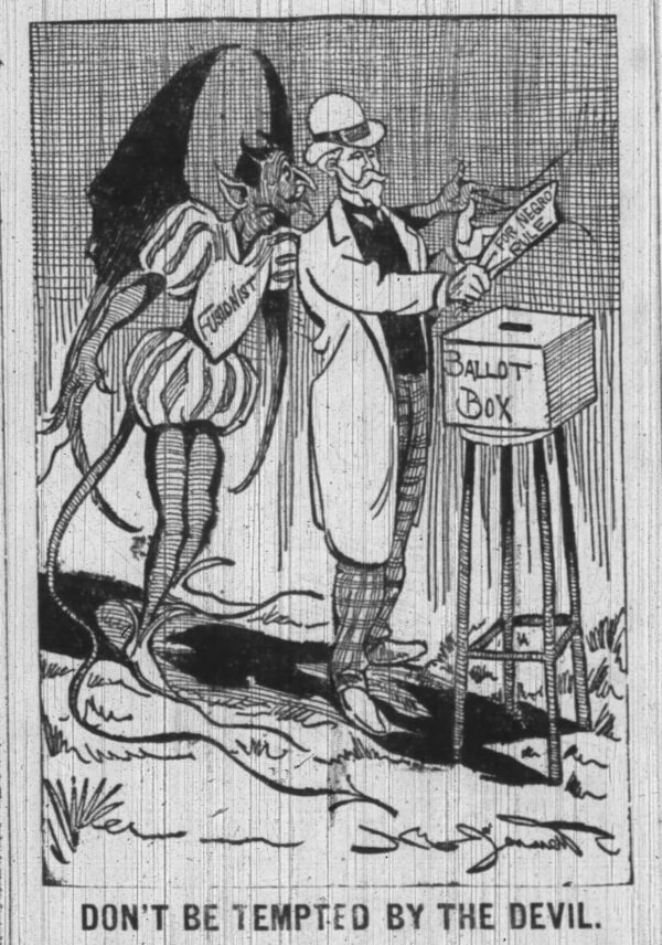 A cartoon illustration of a white man placing a ballot in a ballot box. The man's vote reads 