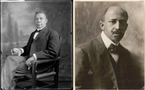 A black and white photograph of an older Black man wearing a fine suit seated in a chair with a painted background behind and another photograph of a younger Black man with a bow tie and a neatly groomed moustache.