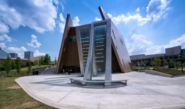 Exterior image of the National Center for Civil and Human Rights and its water feature, from the Georgia Pacific Terrace.