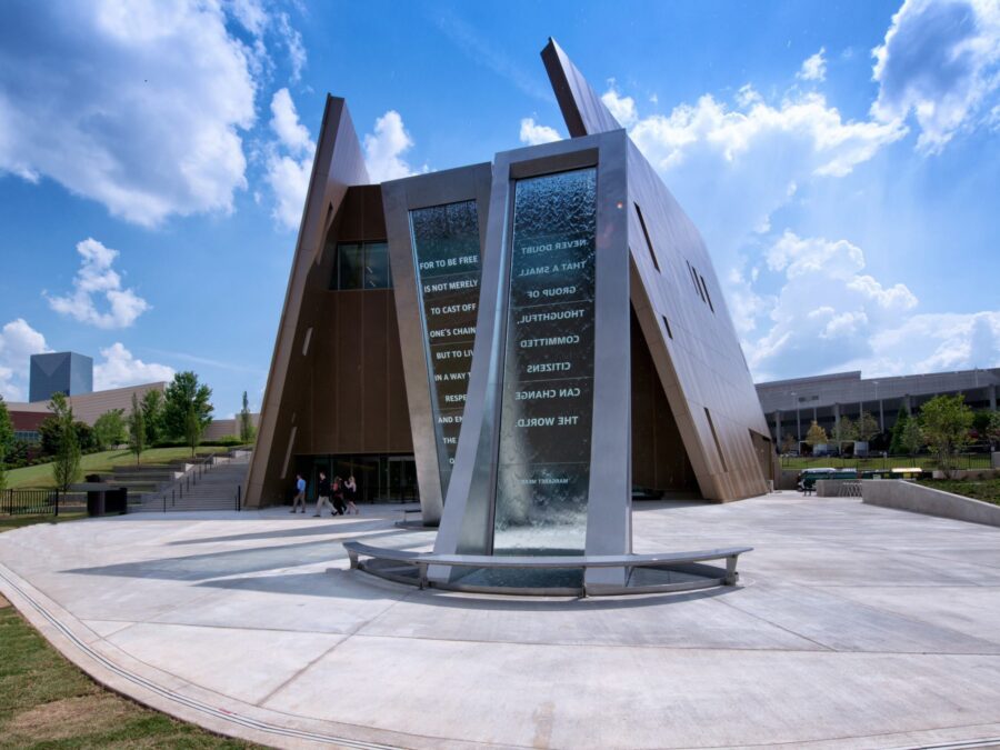 Exterior image of the National Center for Civil and Human Rights and its water feature, from the Georgia Pacific Terrace.