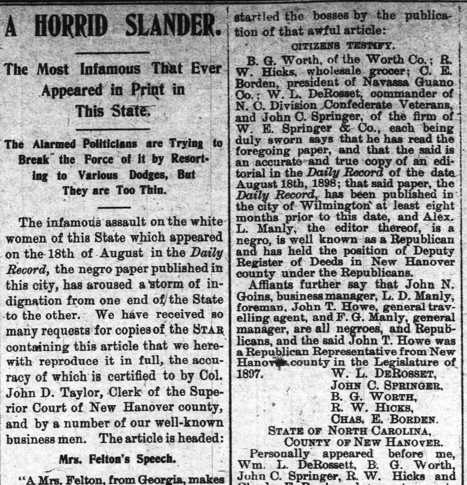 A Horris Slander - Reprint of Alexander Manly's Editorial Response ...