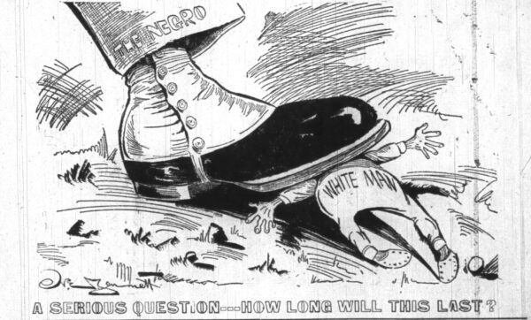 An illustration of a small man being crushed by a shoe. The text labels the man the 