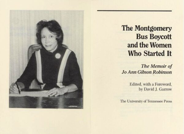 On the left is a photograph of a middle-aged Black woman wearing a dark dress with light vertical stripes while sitting at a desk and writing on a document. On the right is the title page of a book.