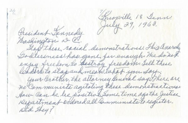 A hand-written letter addressed to President Kennedy.