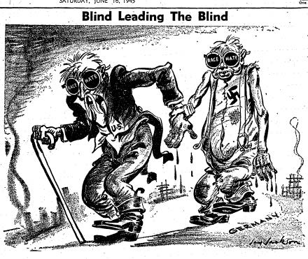An editorial cartoon showing an old man whose jacket says 