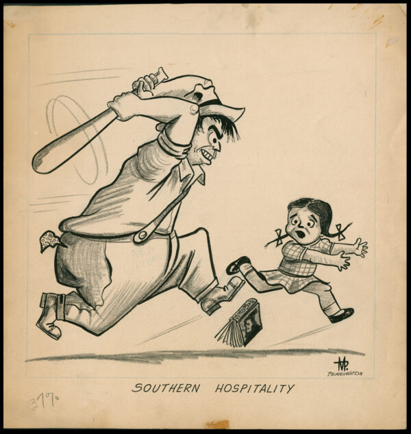 A man chases a young African American schoolgirl with a bat. Written on recto: 