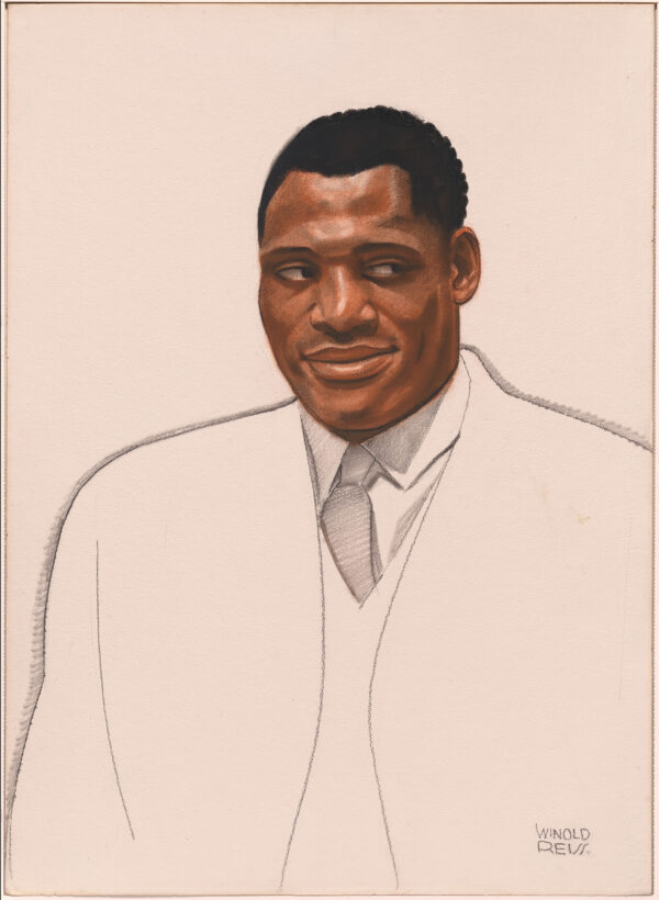 A pastel and conte crayon illustration featuring a simple pencil outline of a man's body with a vibrant portrayal of the man's face. The illustration depicts a Black man with short dark hair and angular features who is looking to the side and smiling slightly.