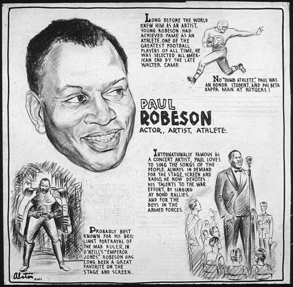 A pencil illustration with a large portrait of Paul Robeson and three smaller sketches of Robeson that are accompanied by biographical tidbits.