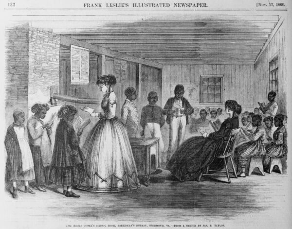 Illustration of Black students in classroom with white female teachers.