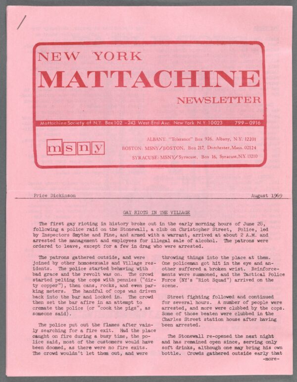 Front cover of the New York Mattachine Newsletter from August 1969.