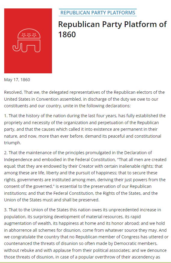 The first page of the 1860 republican party platform transcription.