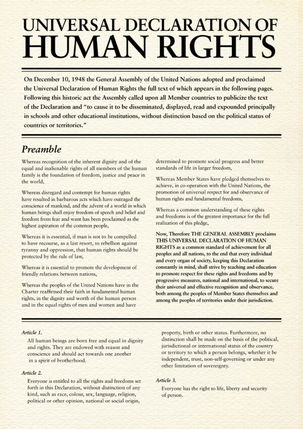 Image is a stylized portrayal of the first page of the Universal Declaration of Human Rights with a short introduction, the preamble, and articles 1-3.