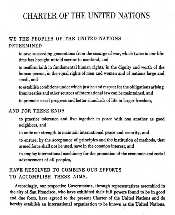 Image is a scan of the first page of the Charter of the United Nations which includes the full text of the document's preamble.