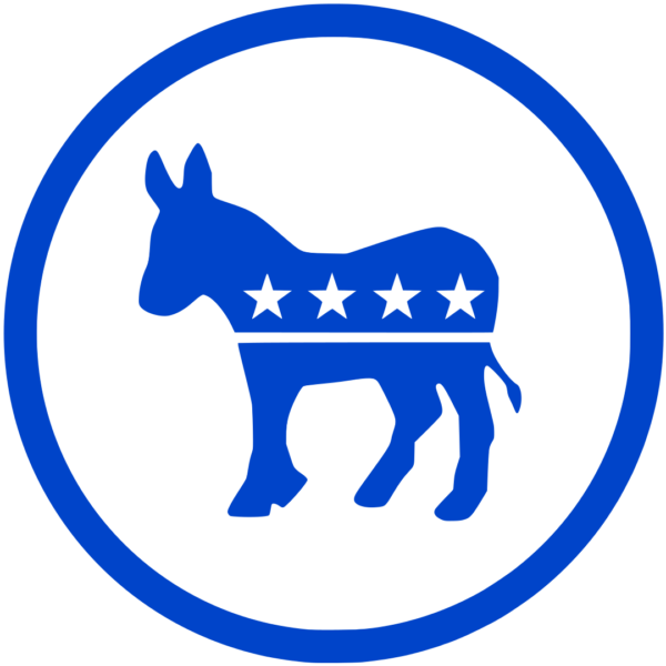 An illustration of a simple blue donkey with four stars inside of a blue circular outline.