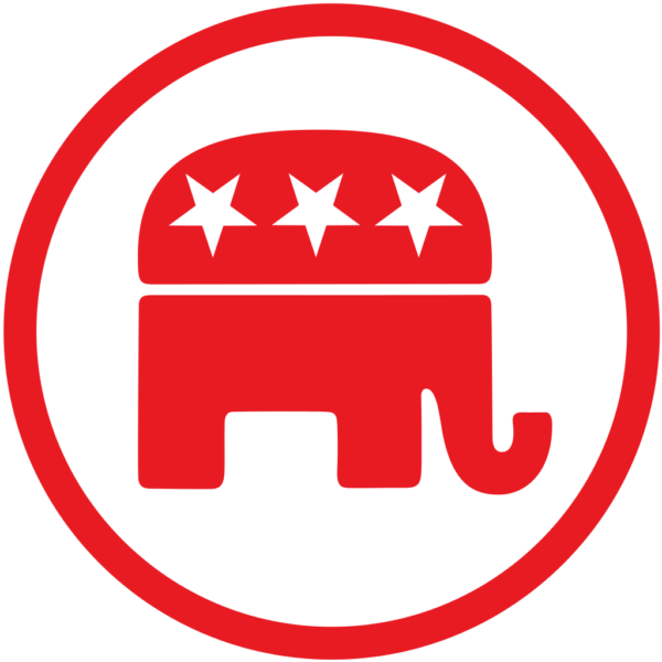 An illustration of a simple red elephant with three stars inside of a red circular outline.