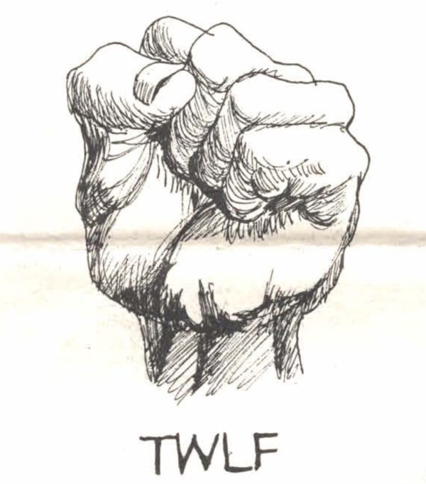 An illustration of a clenched fist raised in the air with the letters 
