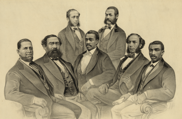 A sepia-toned lithograph group portrait of seven African American legislators who served in the 41st and 42nd U.S. Congress, including Senator Hiram R. Revels and Representatives Robert C. De Large, Jefferson H. Long, Benjamin S. Turner, Josiah T. Walls, Joseph H. Rainey, and Robert Brown Elliott. The men are dressed in formal 19th-century suits and bow ties, five seated and two standing, each looking directly at the viewer with composed dignity.