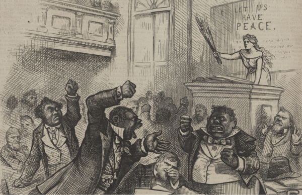 Political cartoon showing Black legislators depicted with exaggerated, racist features arguing chaotically in a legislative chamber while a white female figure labeled ‘Columbia’ looks on from a podium; published in Harper’s Weekly, 1874