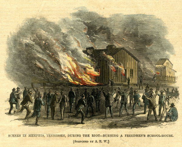 Illustration of white mobs setting fire to a freedmen’s schoolhouse in Memphis, Tennessee, with flames engulfing the building as people gather and celebrate the destruction during the 1866 massacre