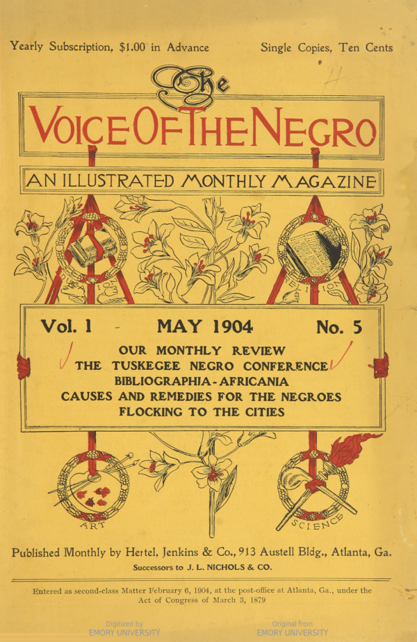 Cover of The Voice of the Negro magazine, May 1904 issue, featuring decorative illustrations and text highlighting articles on the Tuskegee Negro Conference and Black migration to cities