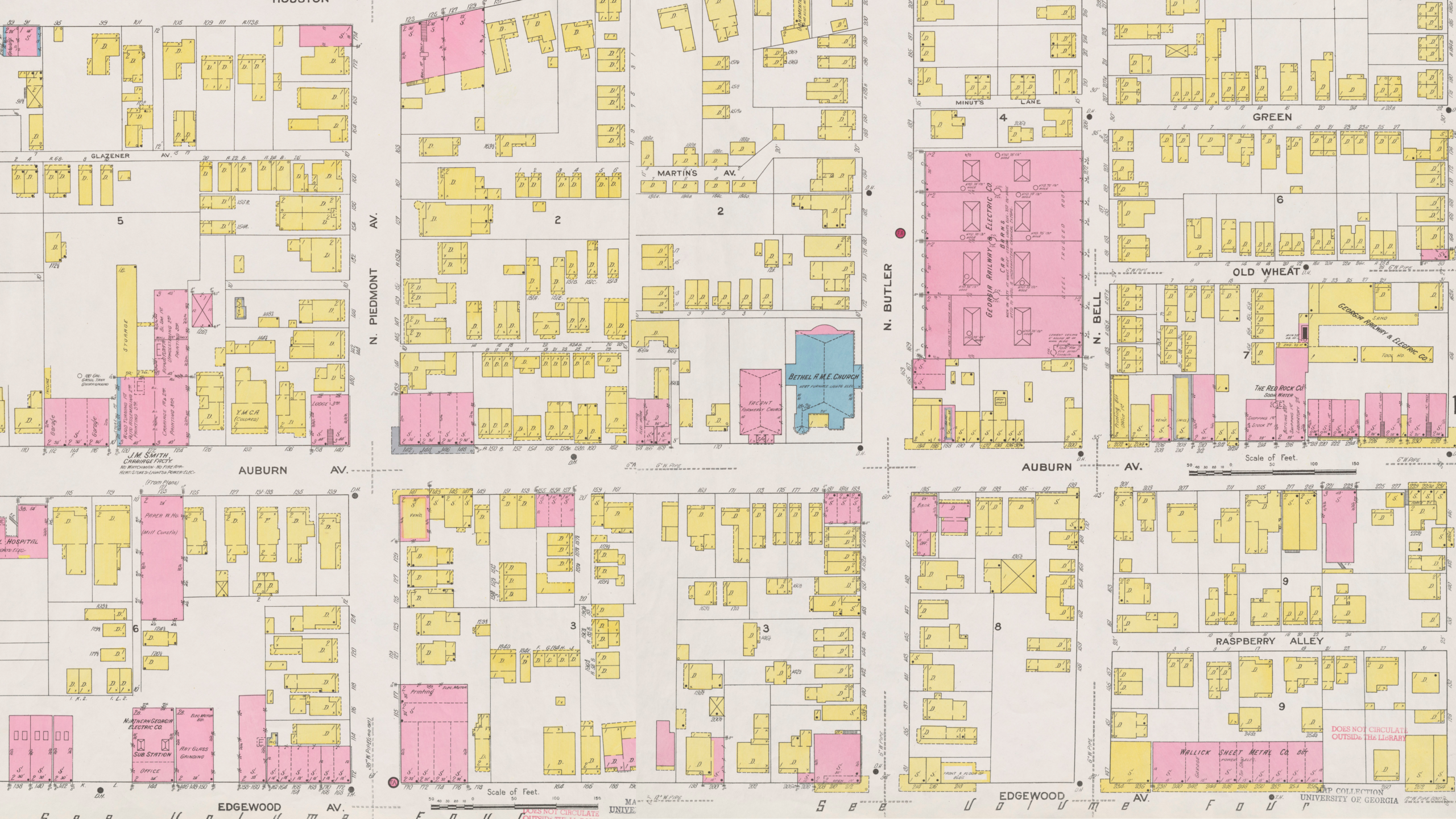 Sanborn fire insurance map of Atlanta focused on Auburn Avenue, showing color-coded buildings, block divisions, and street names