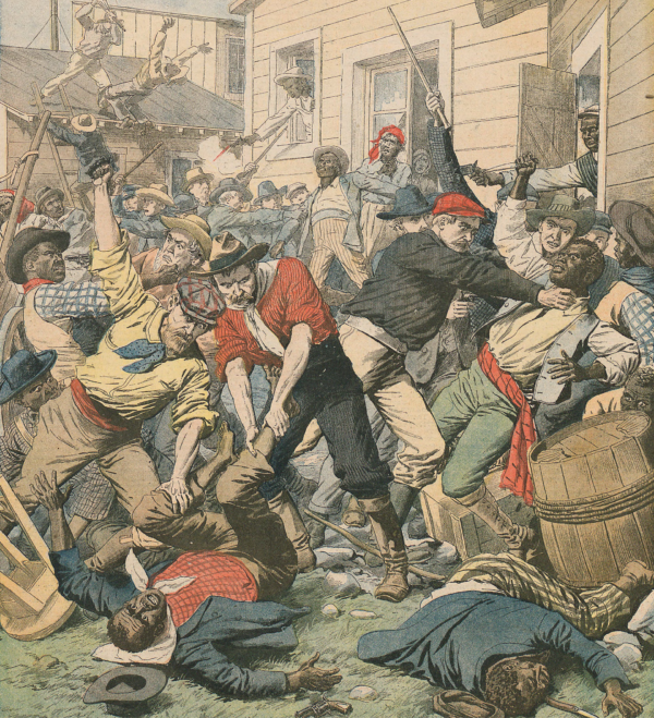 Illustrated scene of white mobs violently attacking Black residents in the streets of Atlanta, with people beaten, shot, and lying injured or dead, from the cover of a 1906 French newspaper