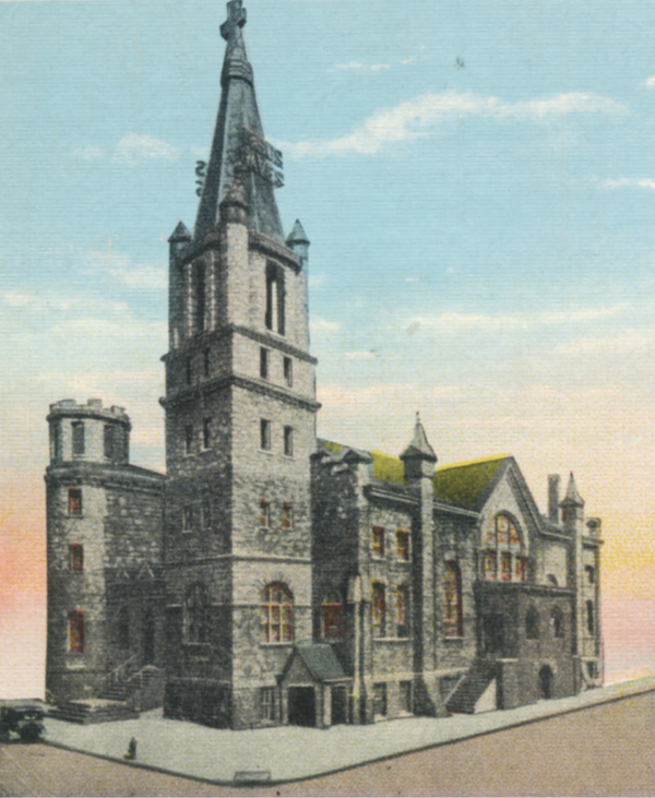 Colorized postcard of Big Bethel AME Church in Atlanta, showing a large stone church with a tall tower and arched windows